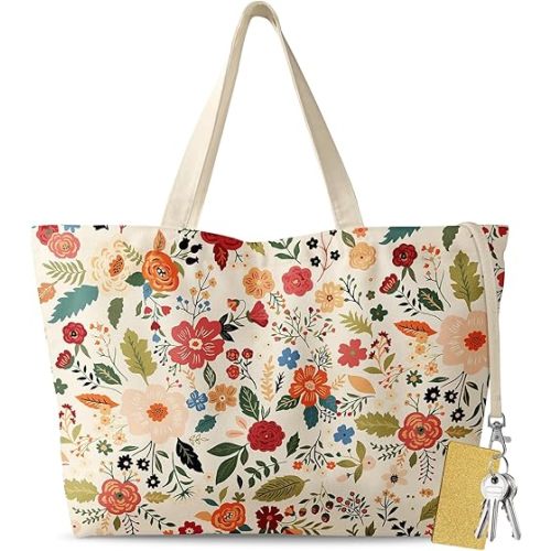 Large Tote Bag for Women - Aesthetic Cute Big Canvas Bags with Zipper Cotton Shoulder Bag for Gym, Travel, Work