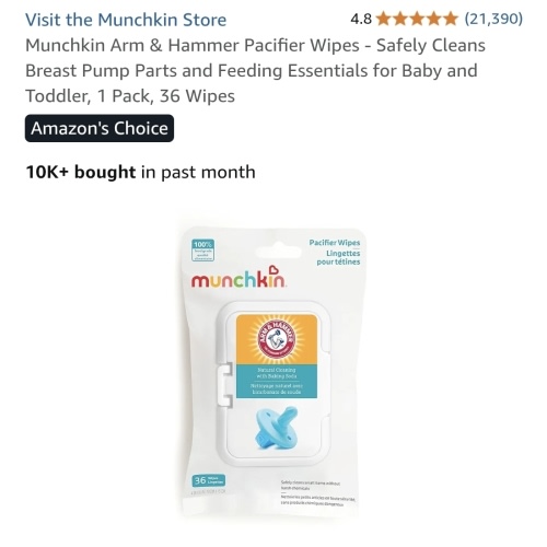 Munchkin Arm & Hammer Pacifier Wipes - Safely Cleans Breast Pump Parts and Feeding Essentials for Baby and Toddler, 1 Pack, 36 Wipes