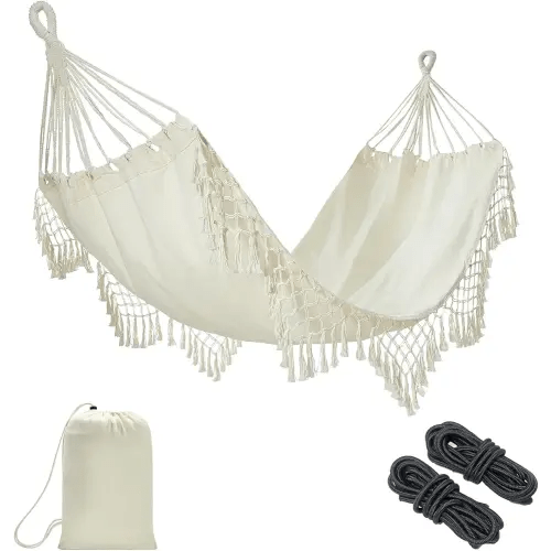 JoyView Boho Macrame Single Hammock with Hanging Ropes & Elegant Tassels 78.8x39.4 Portable Cotton Hammock for Patio Backyard Porch 300LBS Weight Capacity Perfect for Outdoor/Indoor - Beige Color