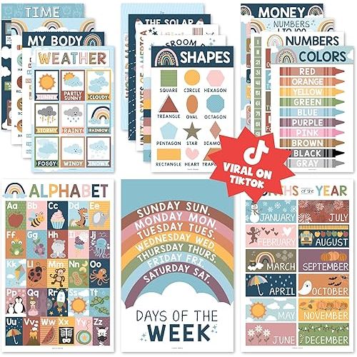 Hadley Designs 16 Educational Posters for Toddlers 1-3, Laminated Toddler Learning Posters for Preschool & Kindergarten, ABC Chart, Numbers, Colors, Shapes, Days of The Week, Boho Classroom Decor