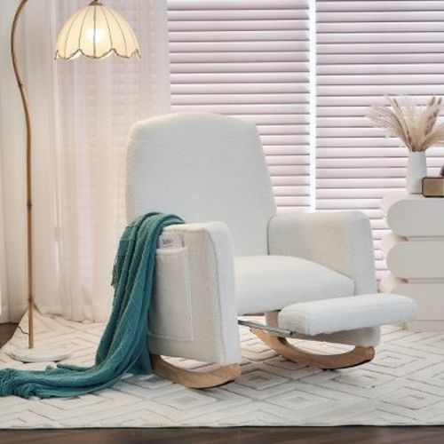 Ivory Teddy Rocking Chair with Adjustable Footrest for Living Room,Modern Rocking Chair with Wooden Leg for Bedroom,Fabric Nursery Rocking Chair-Koiai