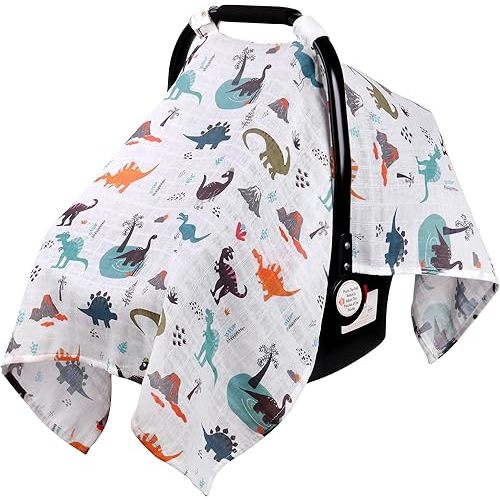 Rquite Muslin Car Seat Cover Baby, Carseat Covers Baby Boy Girl, Breathable Lightweight Infant Car Seat Cover, Baby Carrier Cover Car Seat Canopy Stroller Sun Shade for Summer & Hot Day, Universal Fit