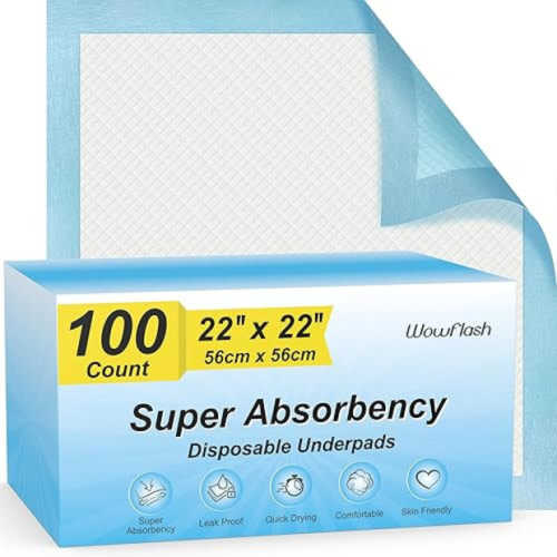 wowflash 100 Count 22” x 22” Super Absorbency Disposable Underpads