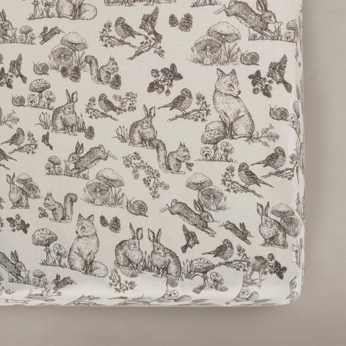Woodland Crib Sheet, Fitted Organic Cotton Jersey, 300 Thread Count, Breathable, Machine Washable, Fits Standard Crib & Toddler Bed (28" x 52" x 9"), Woodland Animals Nursery Bedding