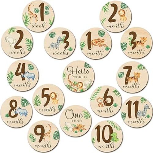 16 Pieces Wooden Baby Monthly Milestone Cards Baby Monthly Milestone Marker Discs Double Sided Monthly Milestone Wooden Circles Baby Months Signs for Baby Shower Newborn Photo Props(Jungle Animal)
