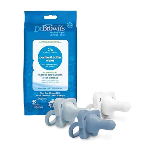 Dr. Brown's HappyPaci 100% Silicone Pacifier 0-6m, BPA Free, White, Blue, Light Blue, 3 Pack and Pacifier and Bottle Wipes, 40 Count