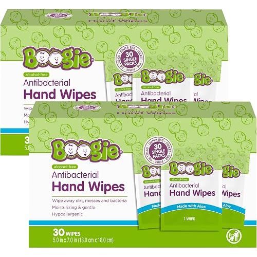 Boogie Antibacterial Hand Wipes - 60 Count - Hypoallergenic & Alcohol-Free - Individually Wrapped - Travel and Diaper Bag Essential