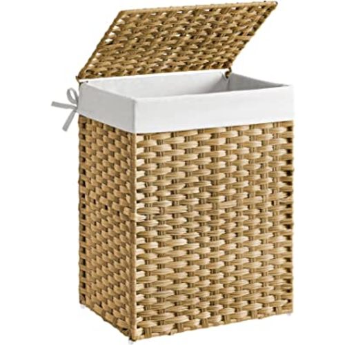 SONGMICS Handwoven Laundry Hamper, 23.8 Gal (90L) Synthetic Rattan Clothes Laundry Basket with Lid and Handles, Foldable, Removable Liner Bag, Natural ULCB51NL