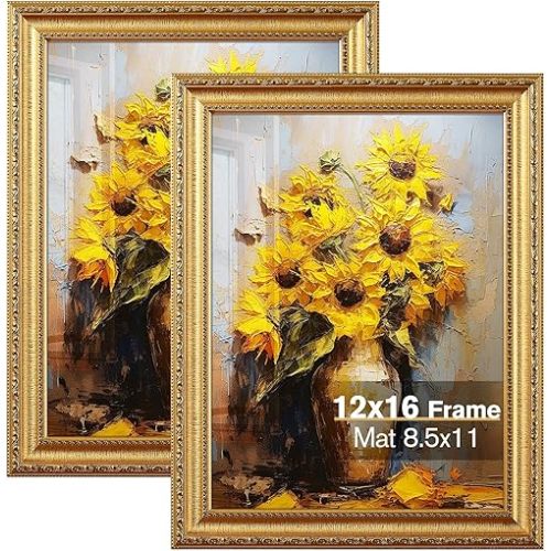 12x16 Gold Picture Frame, Photo Frame for Wall or Tabletop Display, 2 Pack Ornate Vintage Picture Frames with Real Glass, Display Poster 8.5x11 with Mat or 12x16 without Mat for Antique Déco