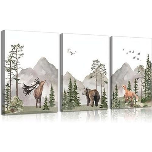 YBARTZQ Woodland Nursery Wall Art Wild Animals Forest Wall Decor Prints Adventure Theme Canvas Posters Deer Bear Fox Watercolor Pictures Paintings for Boys Room Girls Room 3Pcs 16x24in Framed