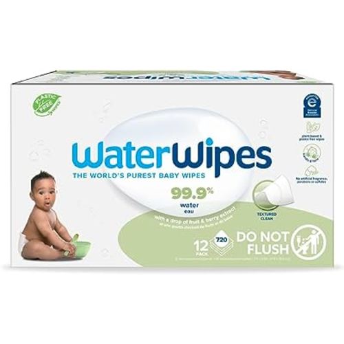 WaterWipes Plastic-Free Textured Clean, Toddler & Baby Wipes, 99.9% Water Based Wipes, Unscented & Hypoallergenic for Sensitive Skin, 720 Count (12 packs)