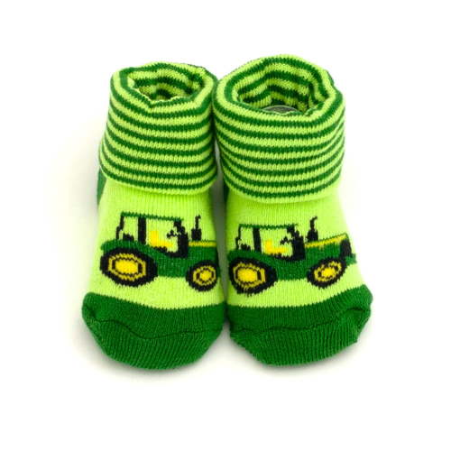 John Deere Baby Boys' Cotton Blend Terry Cuffed Booties Green with Tractor Graphic