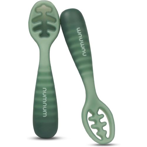 NumNum Baby Spoons Set, Baby Essentials Pre-Spoon GOOtensils for 12+ Months, First Stage Self-Feeding Spoons for Baby Led Weaning (BLW), Silicone Toddler Utensils, BPA-Free, 2 Pack Green
