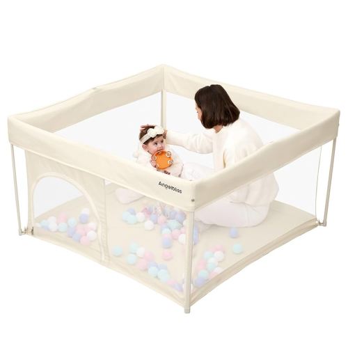 Foldable Baby Playpen 50"×50", Out-of-The-Box Ready Playpen for Babies and Toddlers, Portable Play Yard with Breathable Mesh & ASTM F406 Certified (Beige)