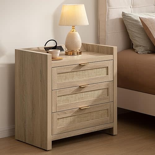 SICOTAS Rattan Nightstand Bedside Table - Larger Night Stand with Type-C Charging Station, 3 Drawers Storage - Boho Night Stands End Table for Bedroom - Light Oak