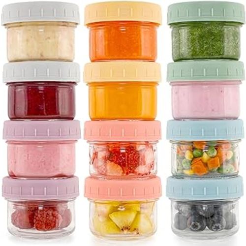 Caperci 12-Pack Glass Baby Food Storage Containers - 4 oz Freezer Safe Baby Food Storage Jars with Lids, Small Glass Baby Puree containers,Baby Bullet Jars, Microwave & Dishwasher Safe, BPA Free