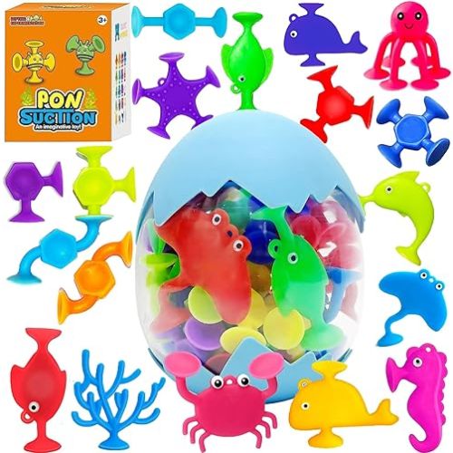 Bath Toys for Kids, 32 PCS Suction Cup Bath Toys Ocean Animal No Hole Bathtub Toys for Toddlers 1-3 3-5 4-6 Bath Suction Toys with Eggshell Storage Window Building Toys for 3 4 5 6 Year Old Boys Girls