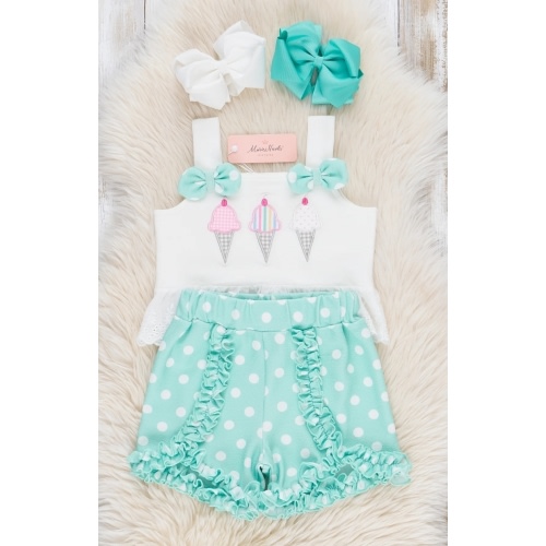 Polka Dot Embroidered Ice Cream Ruffle Outfit