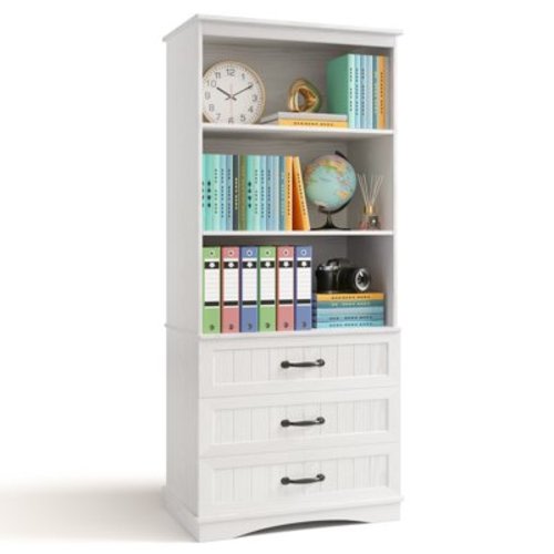 Tall Bookshelf, Lofka Bookcase with 3 Large Drawers, 3 Tier Storage Bookshelf for Home Office, Living Room, White