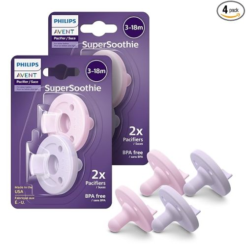 Philips Avent Soothie Orthodontic Baby Pacifiers, 100% Silicone Pacifiers, One Piece, BPA-Free, for Babies 3-18 Months, 2 Lilac and 2 Pink, 4 Pack, Model SCF192/70