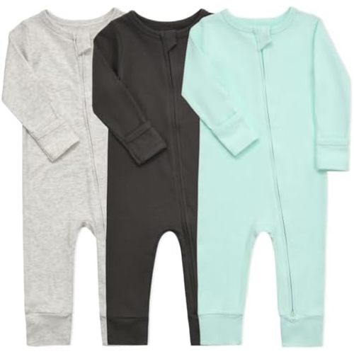 Aablexema Baby Cotton Fooltess Pajamas with Mitten, 3-pack Infant Romper Zip Up One Piece Jumpsuits Outfit