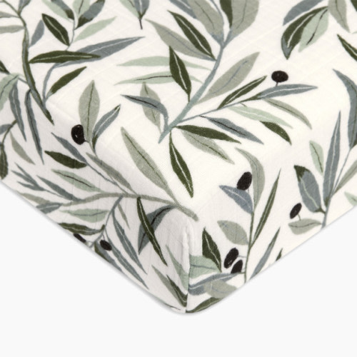 babyletto Crib Sheet in GOTS Certified Organic Muslin Cotton - Olive Branches
