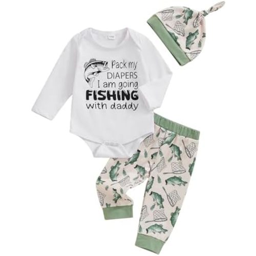 Lamuusaa Newborn Baby Boy Outfits Long Sleeve Fishing with Daddy Romper Bodysuit Fish Patterns Long Pants Hat Fall Outfit
