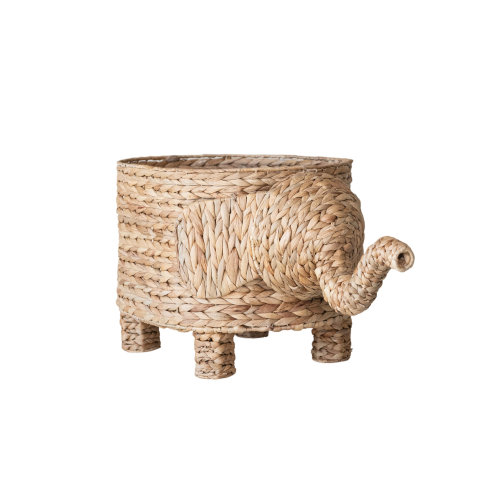 Hand-Woven Water Hyacinth Elephant Shaped Basket, Natural
