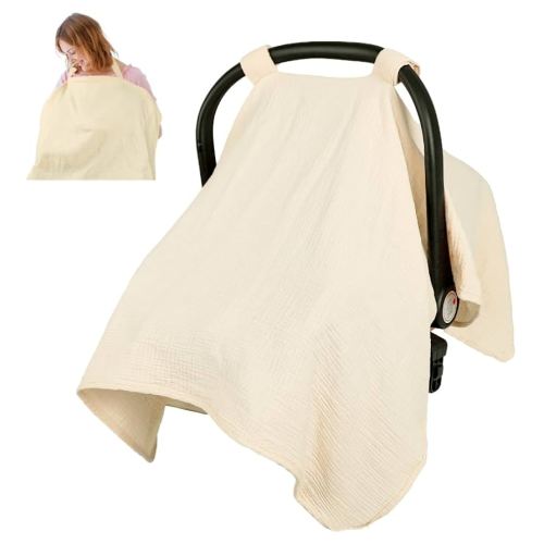 Summer Muslin Infant Car Seat Cover, Breathable Carseat Cover for Baby Girls, Multi-Purpose Breastfeeding Covers for Nursing, Beige