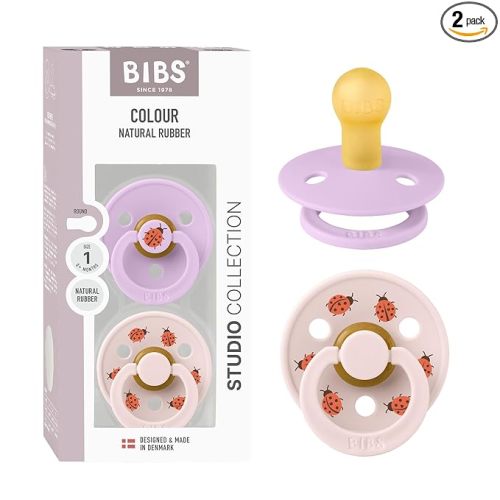 BIBS Studio Soother 2-Pack, BPA Free Dummy Pacifier, Round Nipple. Natural Rubber Latex, Made in Denmark, Size 1 (0-6 Months), Violet Sky/Petal
