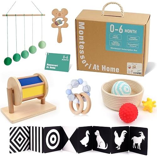 Hidoggy Montessori Play Kit for 0-6 Months Baby,6 in 1 Learning Educational Sensory Toys for Toddlers 0 3 6 Months, Includes High Contrast Baby Toys, Sensory Balls&Basket, Spinning Drum and More