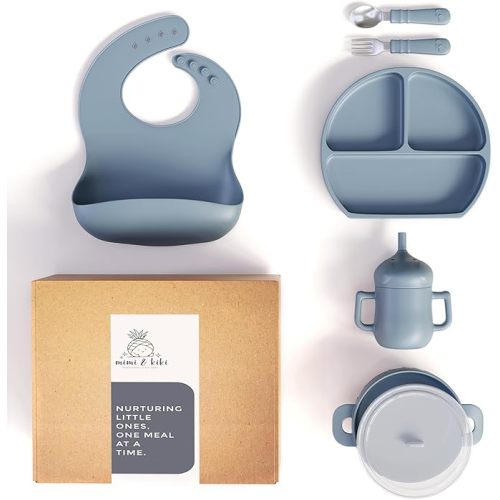 mimi & kiki BPA-Free Silicone Baby Feeding Set, Baby Plates and Bowls Set, Baby Led Weaning Supplies, Silicone Suction Plate, Baby Utensils, Bib and Cup, Self Feeding, Dishwasher Safe (Blue)
