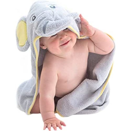 Hooded Baby Towel Gray Elephant by Little Tinkers World Natural Cotton Soft and Absorbent Bath Towels with Hood for Babies, Toddlers, Perfect for Girls or Boys