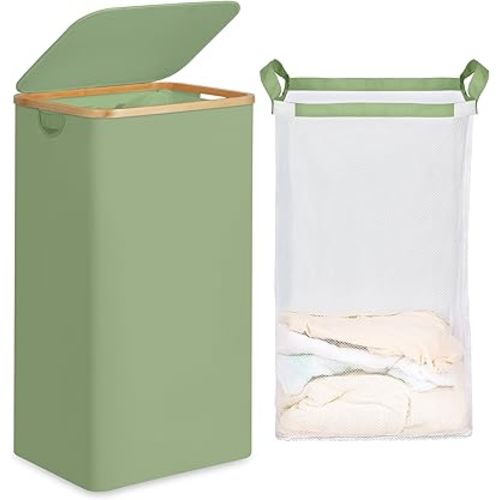 efluky 26 Gal Laundry Basket with Lid and Net Bag, Tall Laundry Hamper with Bamboo Handles, Aesthetic Dirty Clothes Bin for Laundry Room, Bathroom, Bedroom and Dorm, Green