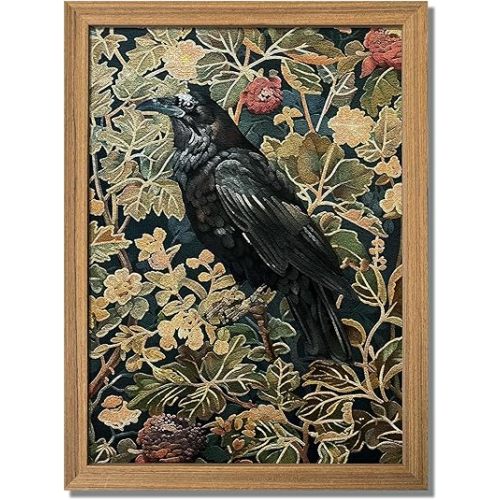 AKWISH Framed 3D Textured Vintage Wall Art - Dark Academia Decor Hand Drawn Sandstone Black Crow Paintings with Botanical Florals, Aesthetic Wall Decor for Living Room Bedroom Home 12x16 inch