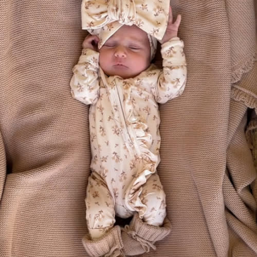 Frill Zip Romper | Paisley Coffee – Little and Fern