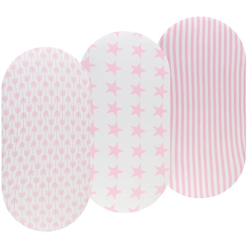 Pink Bassinet Fitted Sheets 3 Pack for Baby Girl, Stretchy Soft Knitted Baby Sheet Set Universal for Oval Rectangle and Hourglass Bassinet Mattress, Arrow Star Stripe Printing