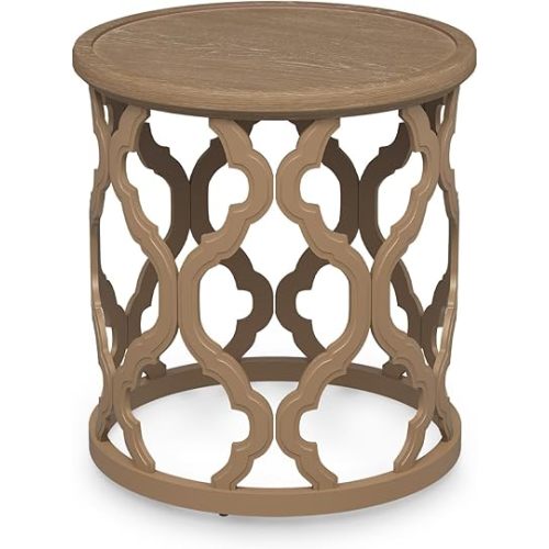 VONLUCE Farmhouse End Table, 17.7'' Round French Country Side Table, Distressed Wood Tray Top Rustic Accent Table with Curved Motif Frame Base for Living Room Dining Room Bedroom, Natural