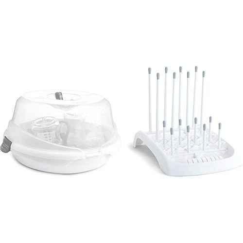 Munchkin® Steam™ Microwave Bottle Sterilizer, White & Fold™ Baby Bottle Countertop Drying Rack, White