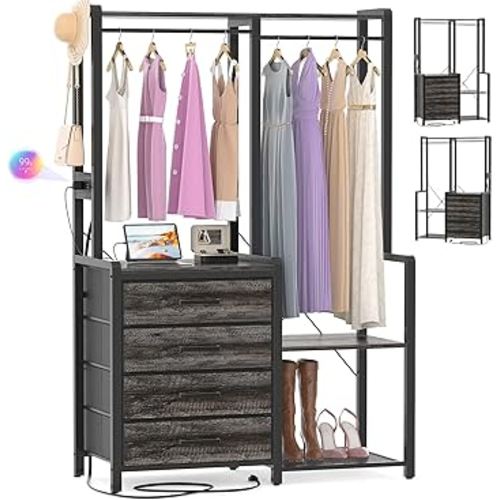 Cyclysio Small Clothes Rack with 4 Drawers, Reversible Garment Rack with Storage Shelves & Charging Station, Freestanding Closet System Organizer with 2 Hooks for Small Spaces, Grey