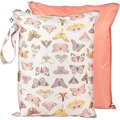 Tiny Twinkle MESS-proof Waterproof Wet Dry Bag | 2 Pack Reusable for Swimsuits, Gym & Baby Clothes | Leakproof Wet Clothes Bag, Beach Travel Essentials (Flutter)