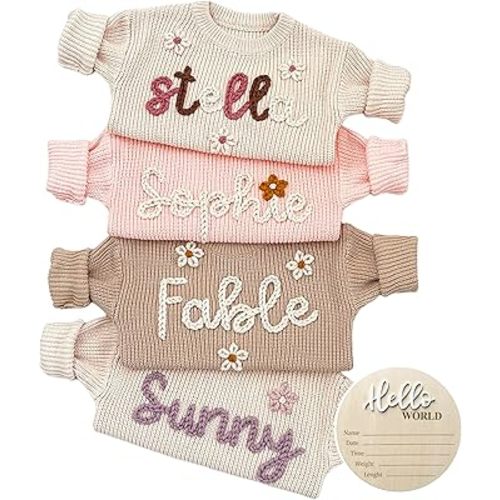 NAZENTI Personalized Baby Sweater, Custom Embroidered Knit Sweater with Name, Newborn Boy Girl Toddler Outfit, Infant Pullover, Gift for Birthday, Baby Shower, Christmas, Newborn Coming Home Clothes