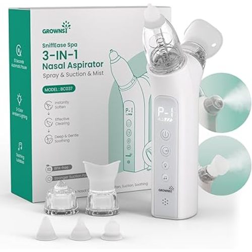 GROWNSY SniffEase Spa 3-in-1 Nasal Aspirator for Baby – Spray, Suction & Mist, Hospital-Grade Powerful Electric Nose Suction with Soothing Light & Music, Larger Chamber, Food-Grade Silicone Tips