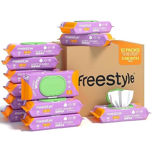 Freestyle Soft Jumbo Baby Wipes, Hypoallergenic and Unscented, Water-Based Wet Wipes for Babies, Finely Suited for Sensitive Skin, Thick & Oversized, Pack of 12, 72 Wipes Per Pack