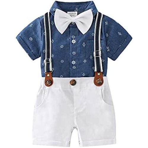 Baby Boys Gentleman Outfits Suits, Infant Shirt+Shorts+Bow Tie+Suspenders Clothes Set
