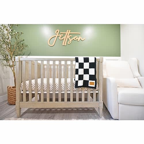 Checkered Baby Blanket 28"x40" with Leather Patch - Soft Knitted Throw for Crib or Stroller - Receiving Blanket/Newborn Nursery Gift Essential for Toddler, Infant or Kids (Black/White)