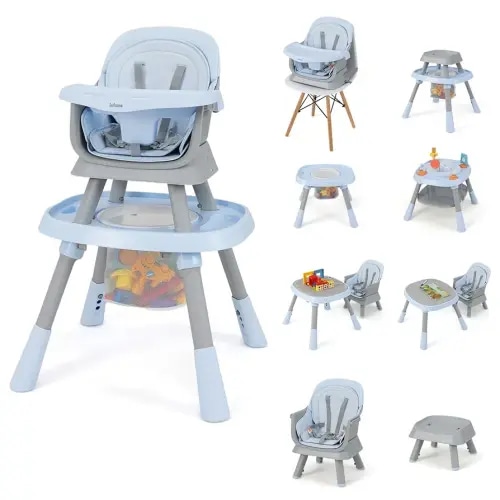 INFANS 9 in 1 High Chair, Convertible Baby Highchair for Babies and Toddlers, Table and Chair Set Building Block Infant Dining Booster Seat, Kids Stool with Activity Children Play Kitchen (Blue)