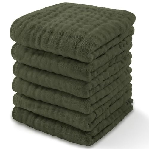 Baby Washcloths, Muslin Cotton Baby Towels, Large 10”x10” Wash Cloths Soft on Sensitive Skin, Absorbent for Boys & Girls, Newborn Baby & Toddlers Bibs & Burp Cloths Essentials Set (Kelp, Pack of 6) - 6-Pack 10"X10"