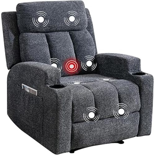 Phoenix Home Manual Recliner Chair with Massage and Heat Ergonomic Overstuffed Breathable Fabric Reclining Chair with 2 Side Pockets, 2 Cup Holders, Remote Control, Living Room, Bedroom,Dark Gray