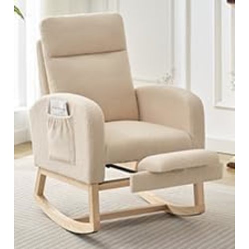 Fabric Rocking Nursery Chair for Mom Nursery,Rocking Chairs with Foot Rest,Recliner Armchair with High Backrest& Wood Legs and Side Pocket for Living Room,Bedroom,Beige